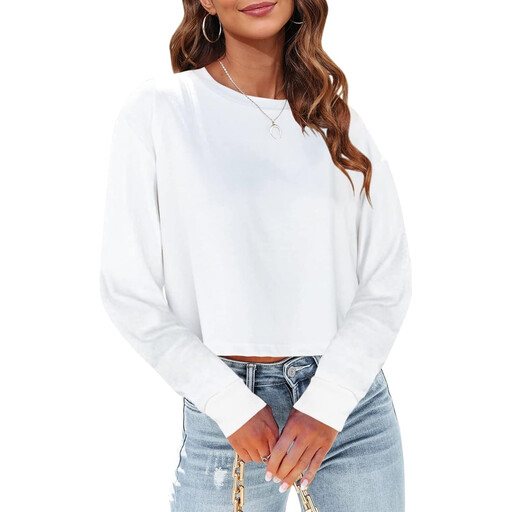 Woman Long Sleeve Cropped T-Shirts Round Neck Casual Drop Shoulder Crop Tops Solid Sweater Tees (White, M)