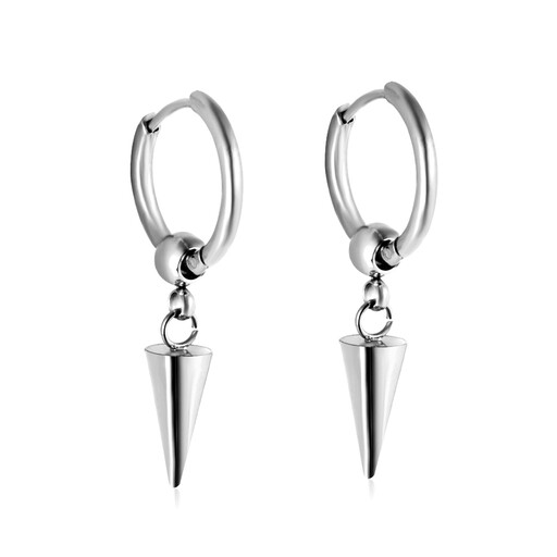 A pair of silver huggie hoop earrings with a minimalist spike or cone charm dangling from each.