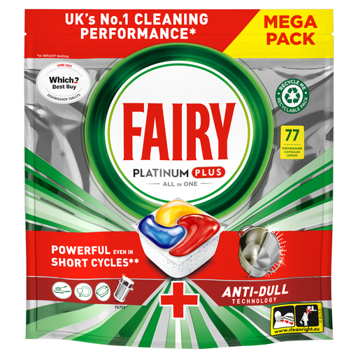 Fairy Platinum Plus All In One Dishwasher Tablets, Lemon, 77 Capsules