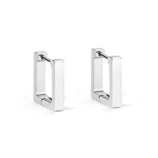 A pair of small, 14mm square-shaped huggie hoop earrings in a polished silver tone.