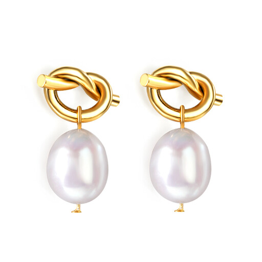 Gold Tone Knot Design Earrings with Freshwater Pearl Dangle