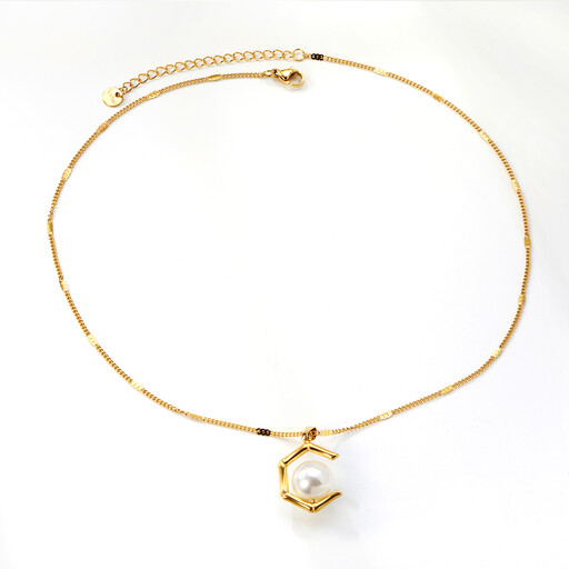 Hexagon Pearl Pendant Necklace, 18K Gold Plated Geometric Jewellery