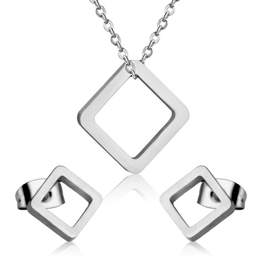 A minimalist silver-tone jewellery set featuring a hollow square pendant necklace and matching square stud earrings.