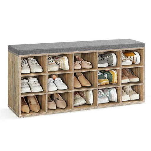 VASAGLE shoe storage bench in an oak finish with a grey padded seat and 15 open compartments