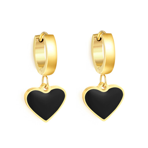 Gold Tone Black Enamel Heart Charm Hoop Earrings