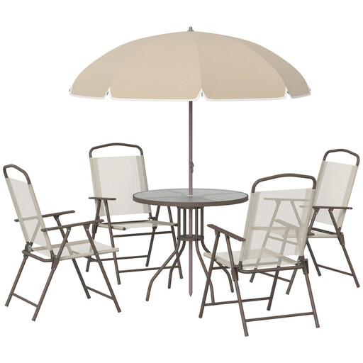 Outsunny Garden Dining Table and Chairs, Outdoor Furniture Folding Chairs, Table and Parasol 6pc