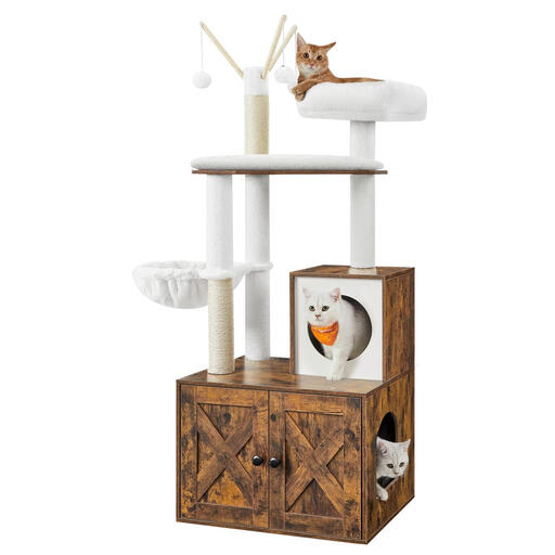 Feandrea rustic brown cat tree with a hidden litter box enclosure at the base