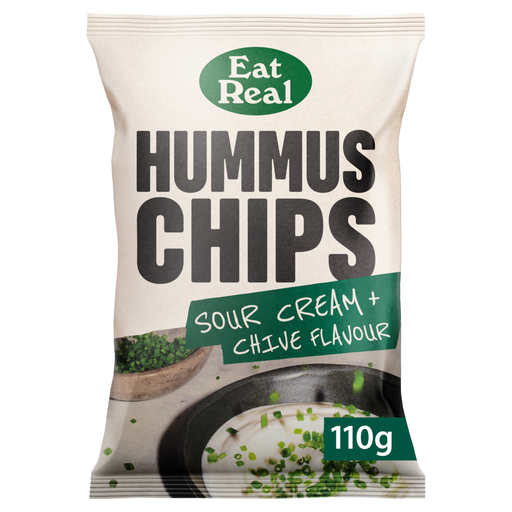 A bag of Eat Real Realest Sour Cream & Chive Hummus Chips