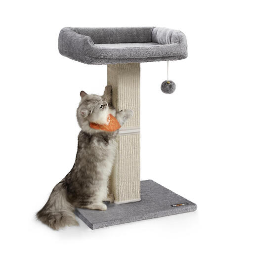 A simple, light grey cat scratching post with a plush top perch and a pompom toy.