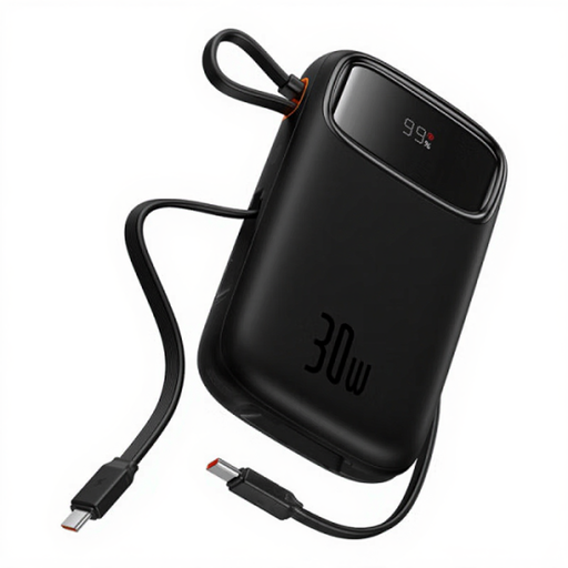 Baseus QPow2 10000mAh Digital Display Fast Charge Power Bank 30W With Built-in Dual Type-C Cable - Black