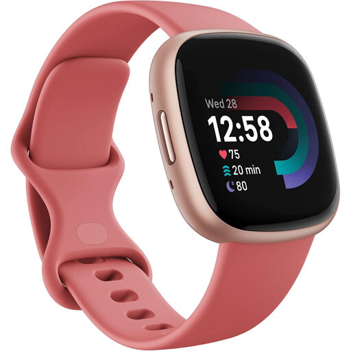 Google Fitbit Versa 4 智能手表，粉砂色表带搭配玫瑰铜色铝合金表壳