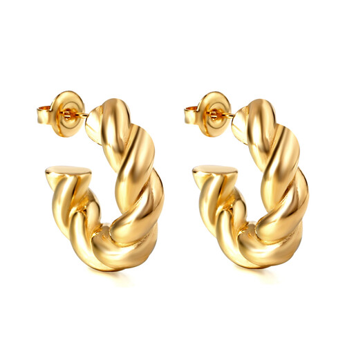 Gold Tone Chunky Twisted Rope C-Shape Hoop Earrings