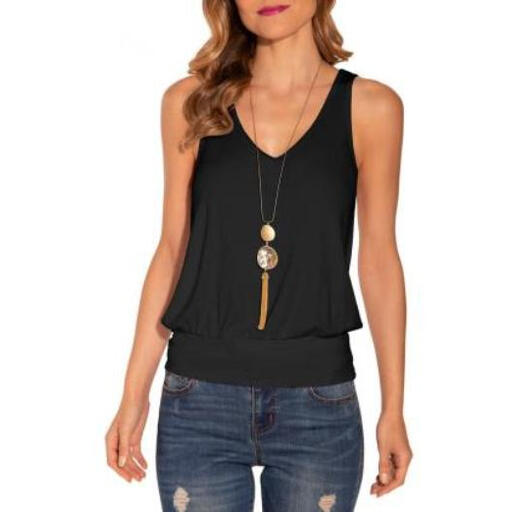 Women V-Neck Tank Tops Summer Ribbed Sleeveless Casual Tops Loose fit Banded Bottom Shirts (Black, L)
