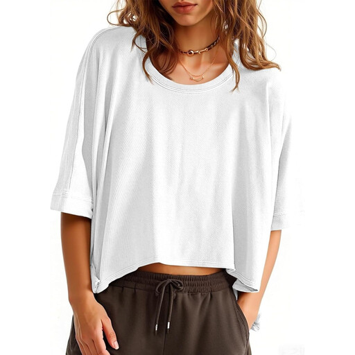 A white oversized cropped t-shirt on a model