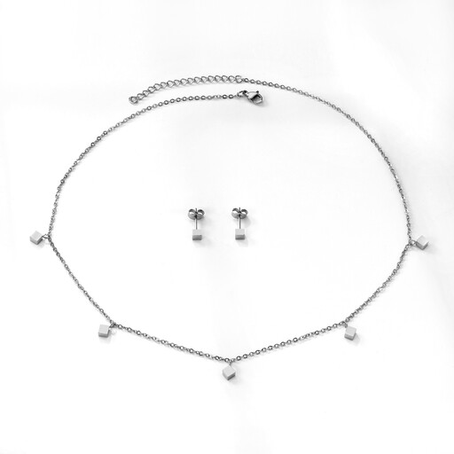 Silver Tone Stainless Steel Square Station Jewellery Set
