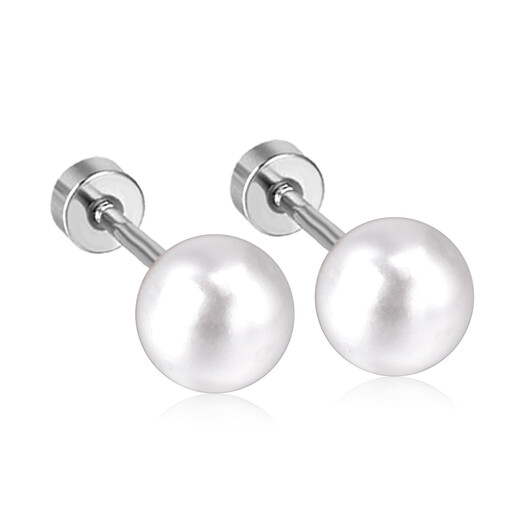 Large White Pearl Screw Back Earrings on a silver tone stainless steel stud