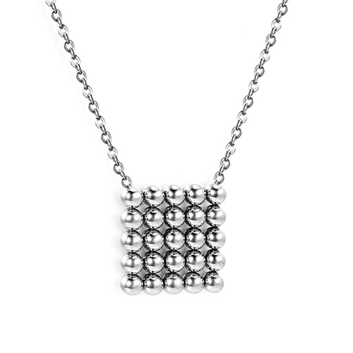 Silver Tone Stainless Steel Square Beaded Pendant Necklace