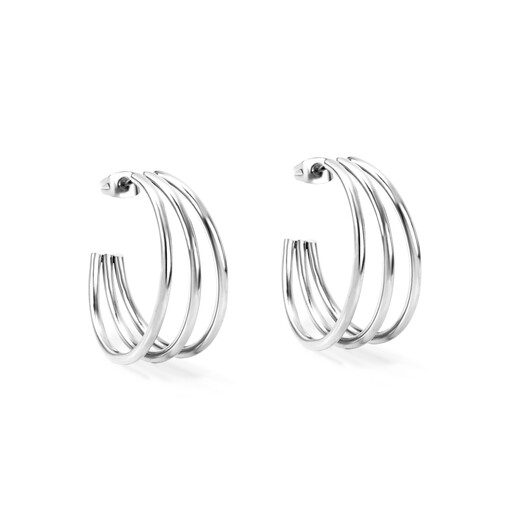A pair of C-shaped open hoop earrings with a triple-line design in a polished silver tone.