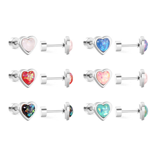 A pair of heart-shaped stud earrings with a colourful crushed stone inlay and screw backs