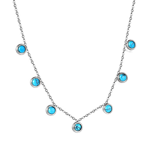Silver Tone Stainless Steel Station Necklace with Blue Turquoise