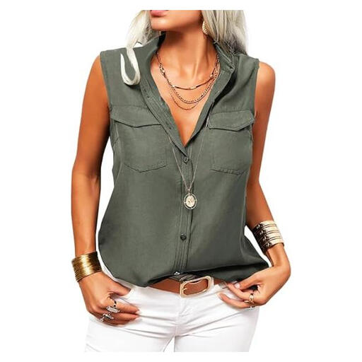 Women's Solid Lapel Sleeveless Button Down Shirt in military green