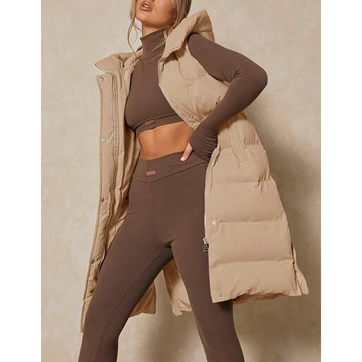 Women's Long Hooded Down Vest in Khaki