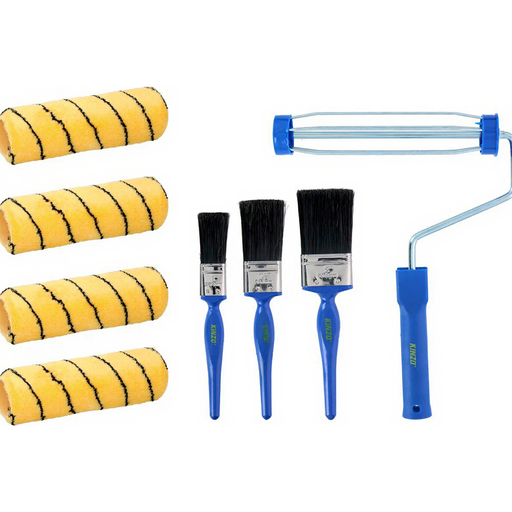 Kinzo 8-piece Paint Roller Set - 1 Bracket - 4 Rollers - 3 Brushes