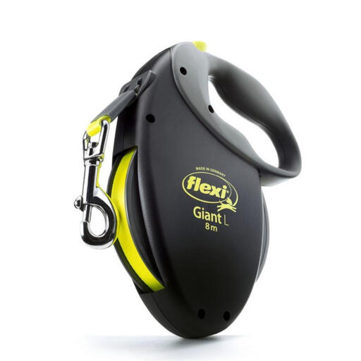 A yellow and black retractable dog leash