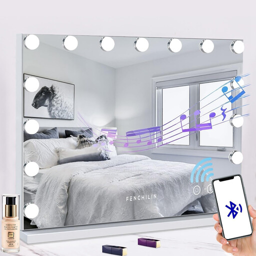 FENCHILIN Hollywood Music Mirror with 15 Bulbs - 3 Light Colours, 46 x 58 cm