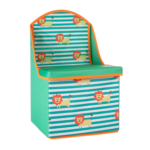 A children's storage box with a friendly lion design on the front and a lid that doubles as a seat