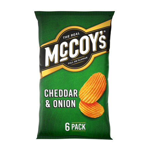 McCoys Ridge Cut Cheddar & Onion crisps, six 25g bags