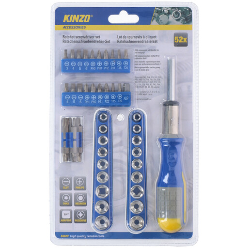 Kinzo Ratchet Screwdriver Set - 52 pcs, Silver/Blue/Yellow