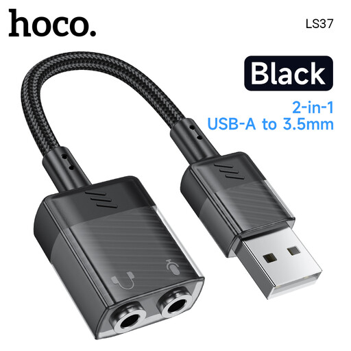 Black HOCO Transparent 2 in 1 USB to 3.5 mm earphones sound card
