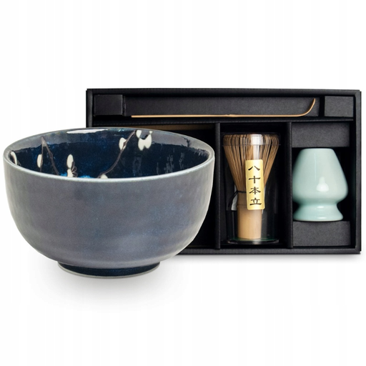 Matcha set with whisk, bowl and holder, floral blue