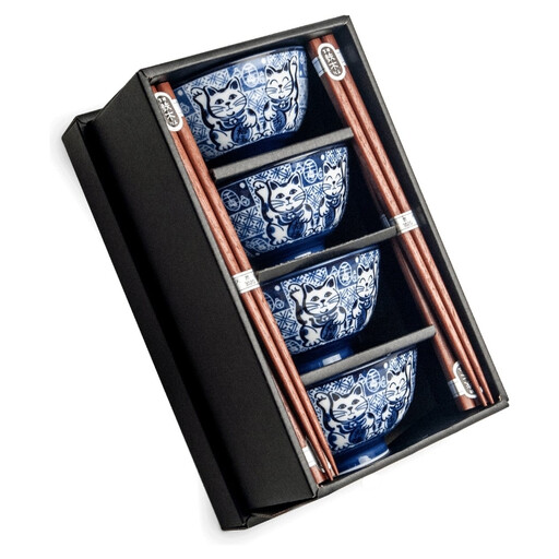 Set of 4 Japanese bowls with Maneki Neko motif and chopsticks