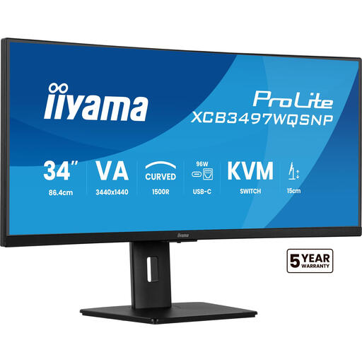 Iiyama ProLite 34" UWQHD Curved Monitor With USB-C Dock, LAN, KVM Switch And 15cm Height Adjustable Stand
