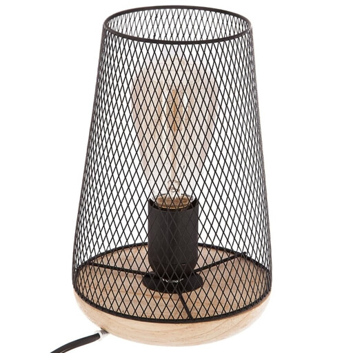 Atmosphera Zely cage lamp with a wooden base and black metal shade