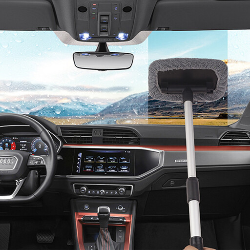 Ultra-fine microfiber windscreen cleaning tool with retractable handle, washable and reusable.