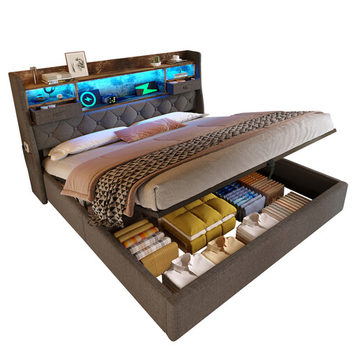 Bed Frame 180x200 cm with Hydraulic Storage & LED Headboard