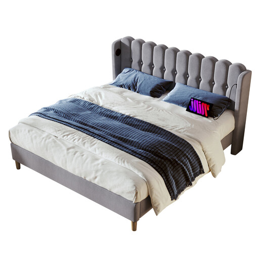 Gepolstertes Doppelbettgestell 180x200 cm mit USB-Ladefunktion in grauem Leinenstoff