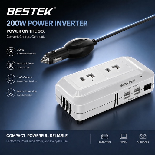 BESTEK 200W Car Power Inverter 12V to 230V/240V Dual AC Outlet with 4 USB Ports Portable Vehicle Charger Adapter