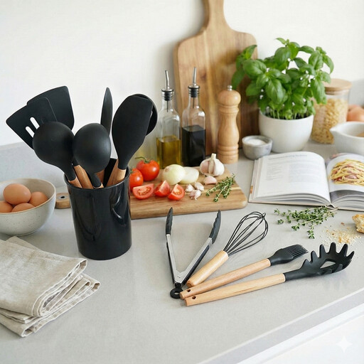 12 PCS Silicone Cooking Utensils Set with Wooden Handle
