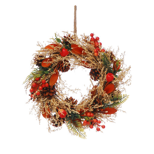 Festive 30Cm Orange Flowers/Berries Autumn Wreath