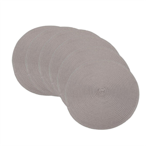 A set of six light grey woven round polyester placemats