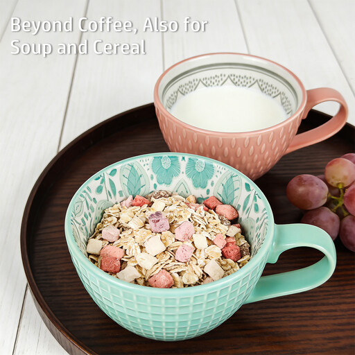 Set of 2 400ml Ceramic Mugs, Mint Green & Coral Pink