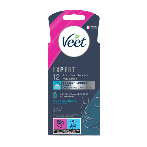 VEET Expert Cold Wax Strips Face Sensitive Skin Perfect Finish Long-Lasting Hair Removal Pack of 12