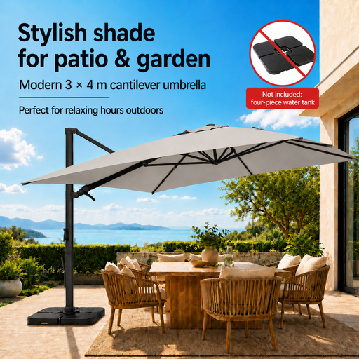 3x4m Dark Grey Floating Parasol, 360° Rotating Side Mast
