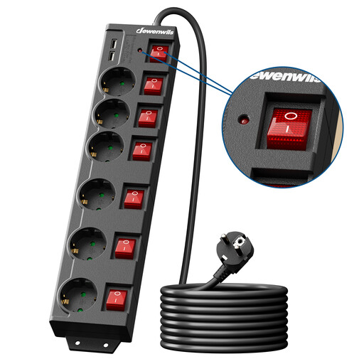 Dewenwils 6-Port Power Strip with 2 USB Ports, Individually Switchable, Black