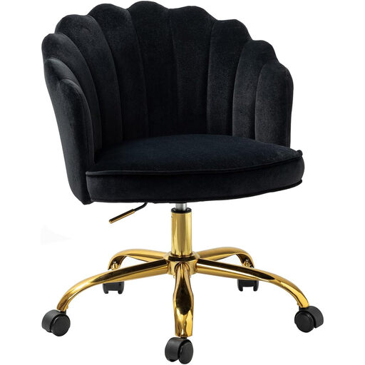 HULALA HOME Office Chair with Gold Base, Modern and Upholstered, Velvet Vanity Chair, Adjustable Swivel Chair, Black