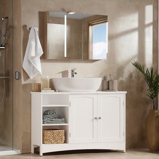 JOYFURNOS Height-Adjustable White Bathroom Vanity Unit